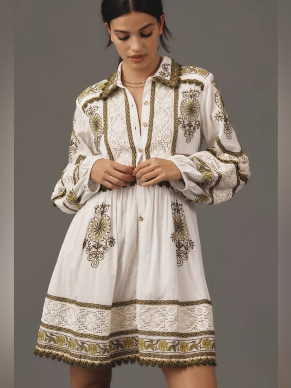 Anthropologie Large Maeve Long-Sleeve Embroidered Boho Mini Dress